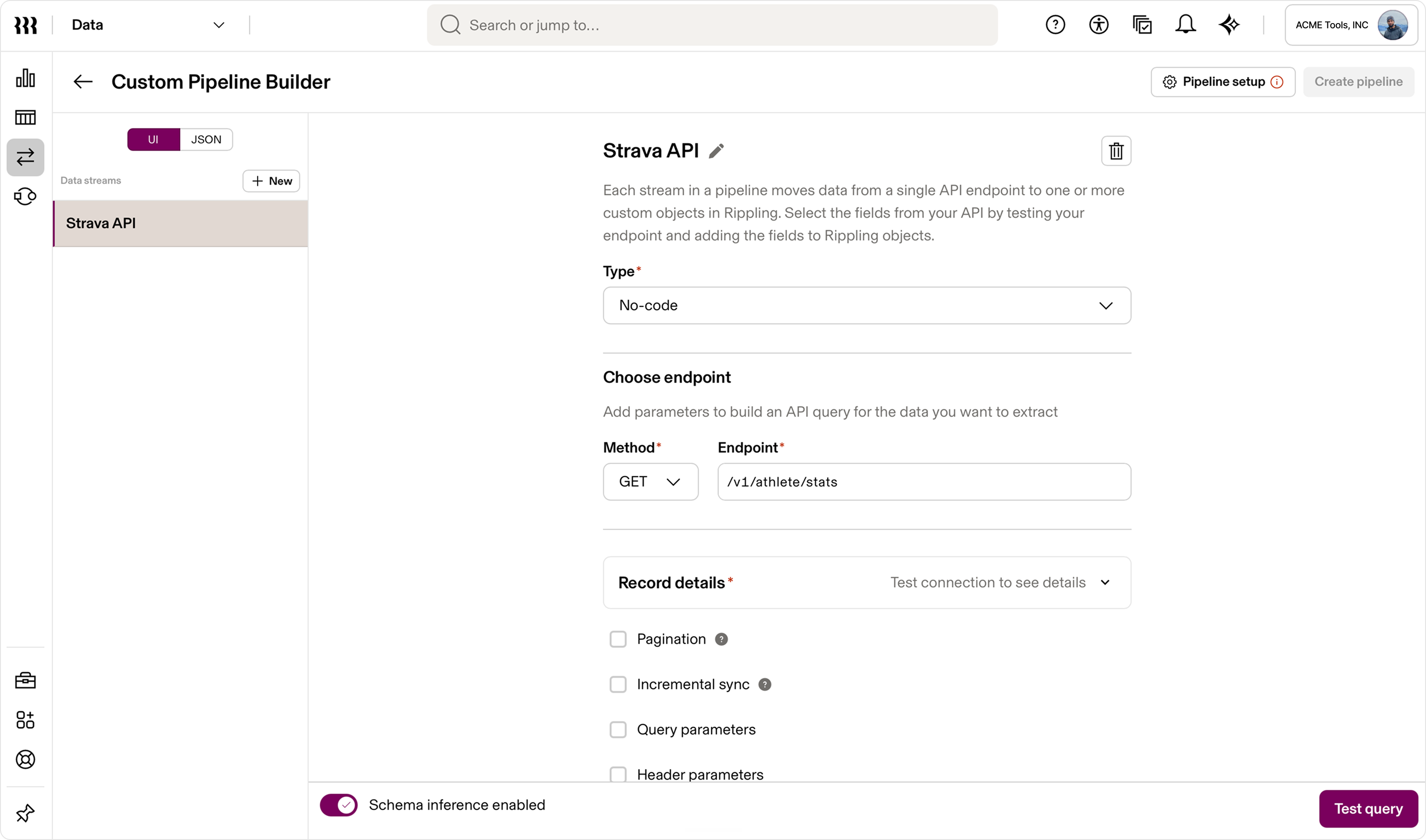 Rippling Custom Pipeline Builder showing a Strava API data stream with endpoint configuration and schema inference