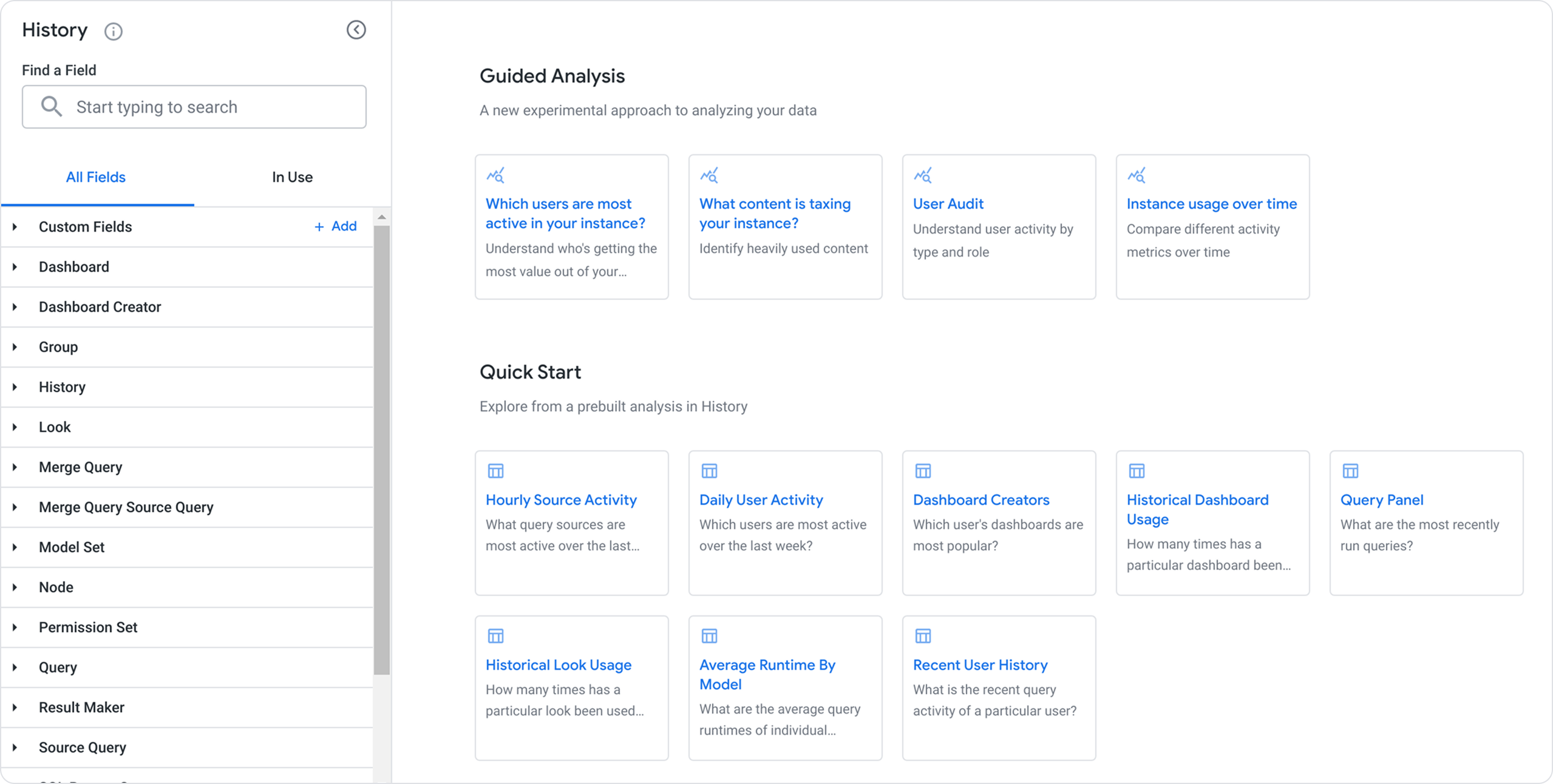 Looker History Explore Quick Start with Guided Analysis and prebuilt analysis cards