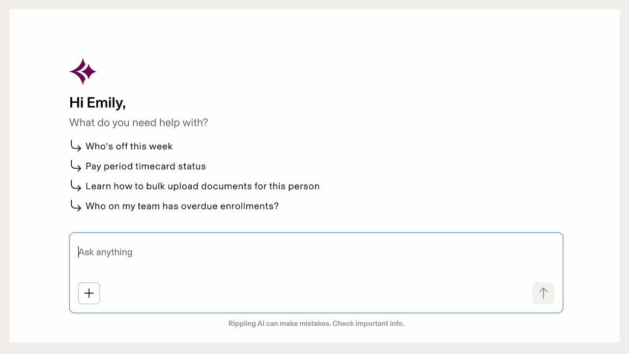Rippling AI prompt with suggested questions
