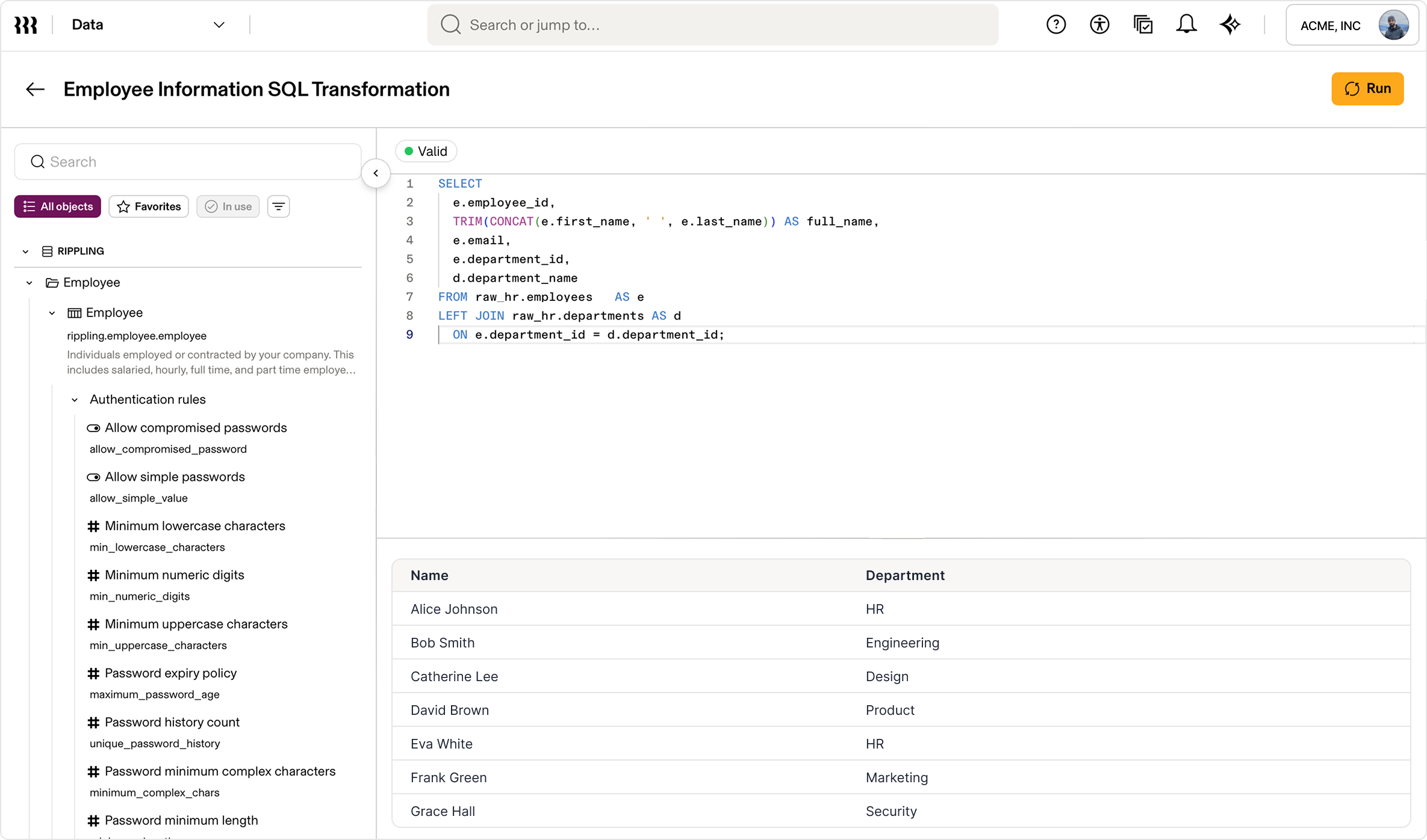 Rippling Transformations SQL editor showing Employee Information SQL Transformation with object browser and preview results