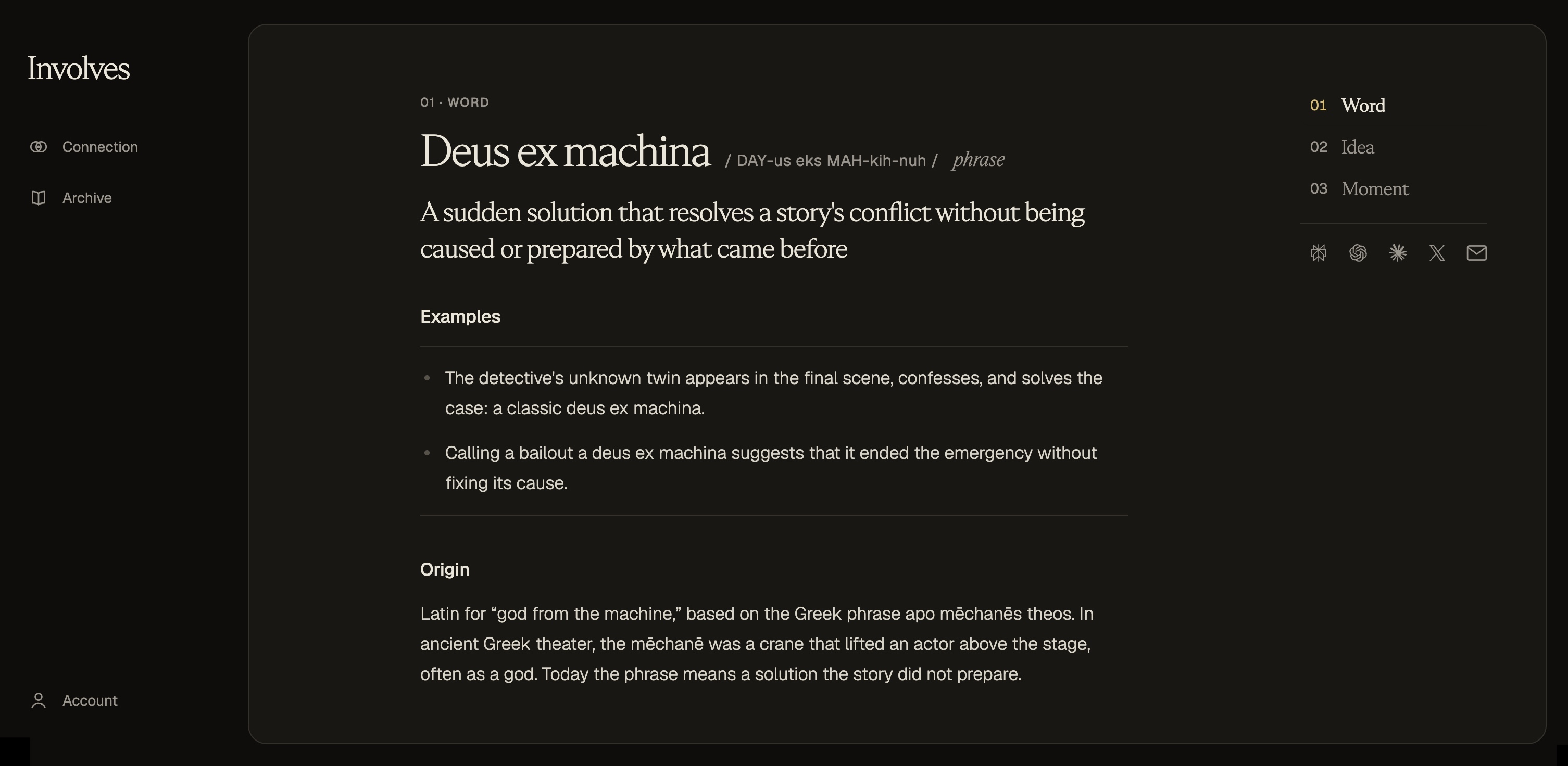 Involves product showing a Word entry for Deus ex machina