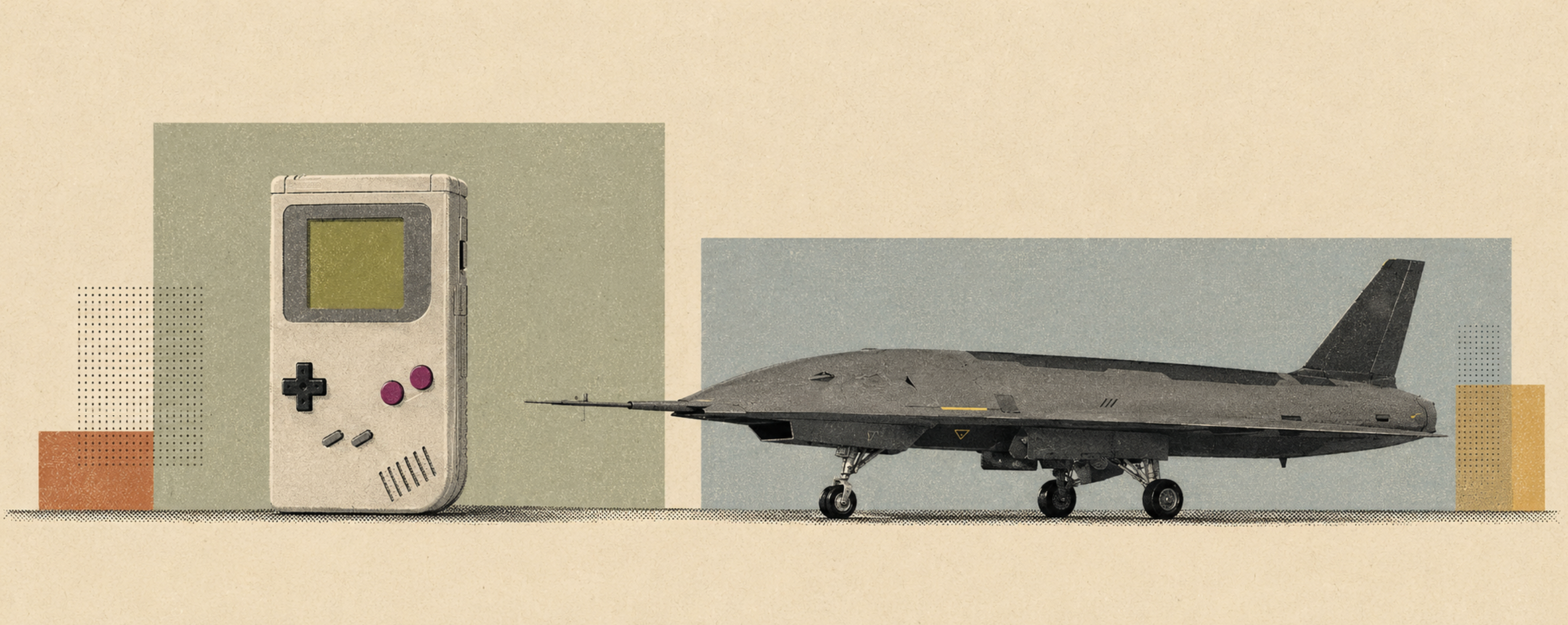 Illustrated Game Boy facing a military drone